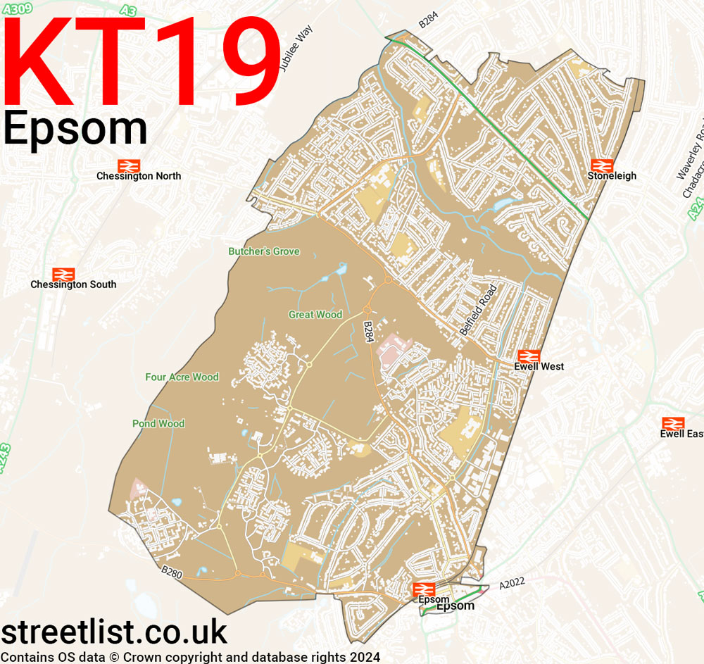 Map of the KT19 postcode