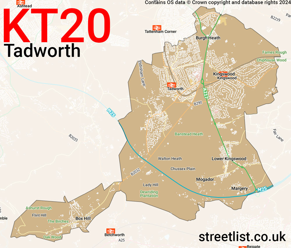 Map of the KT20 postcode