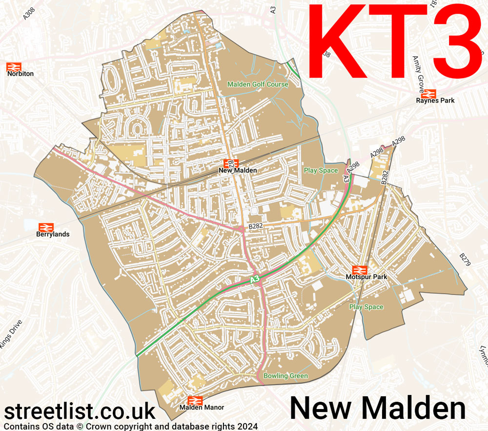 Map of the KT3 postcode