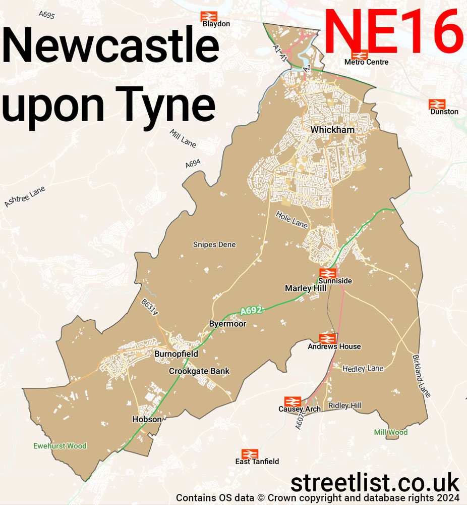 Map of the NE16 postcode