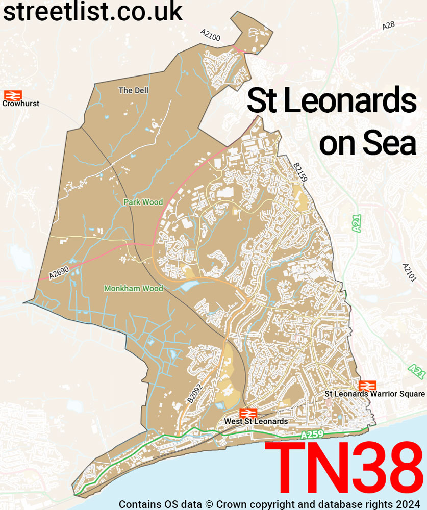 Map of the TN38 postcode