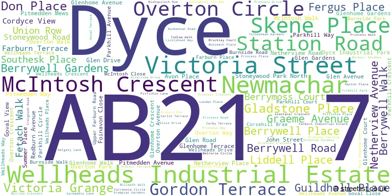 A word cloud for the AB21 7 postcode