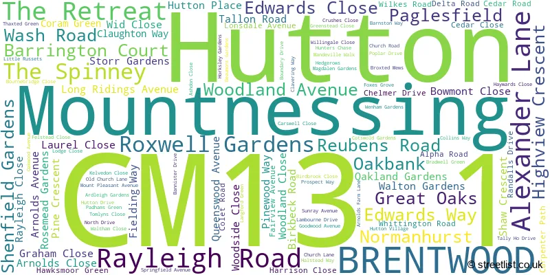 A word cloud for the CM13 1 postcode