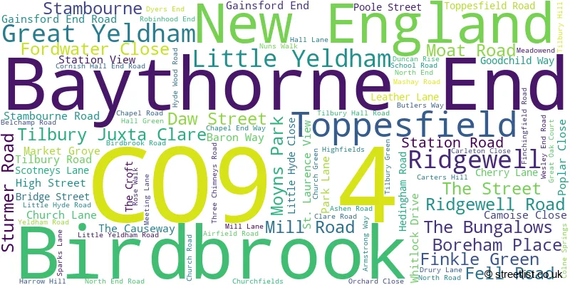 A word cloud for the CO9 4 postcode