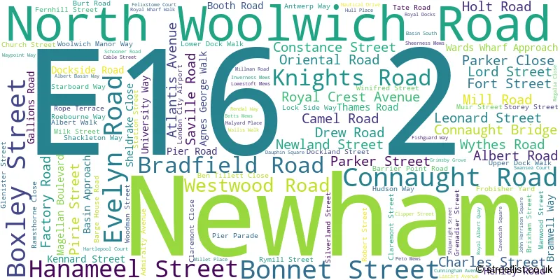 A word cloud for the E16 2 postcode