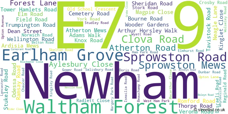 A word cloud for the E7 9 postcode