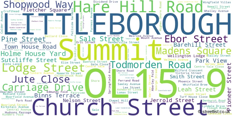 A word cloud for the OL15 9 postcode