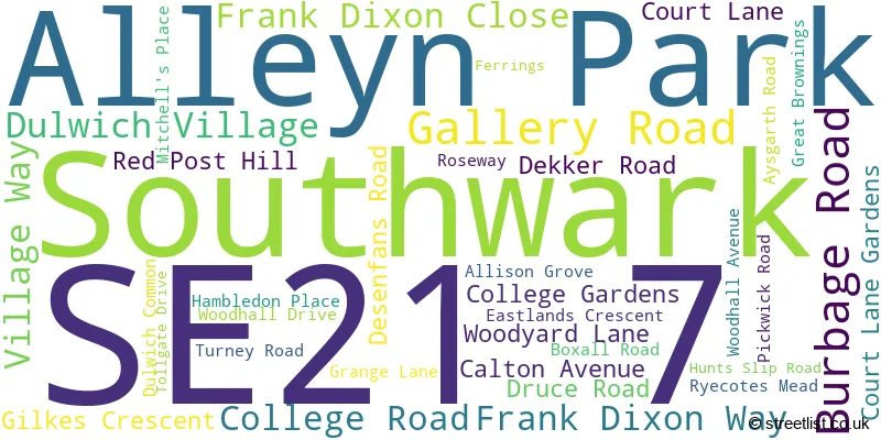 A word cloud for the SE21 7 postcode