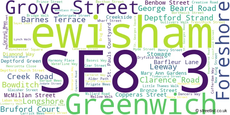 A word cloud for the SE8 3 postcode