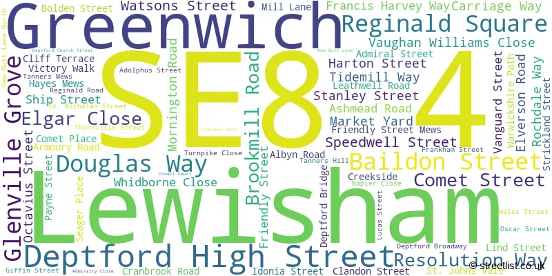 A word cloud for the SE8 4 postcode