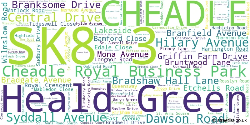 A word cloud for the SK8 3 postcode