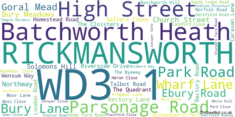 A word cloud for the WD3 1 postcode