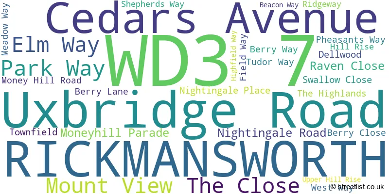 A word cloud for the WD3 7 postcode