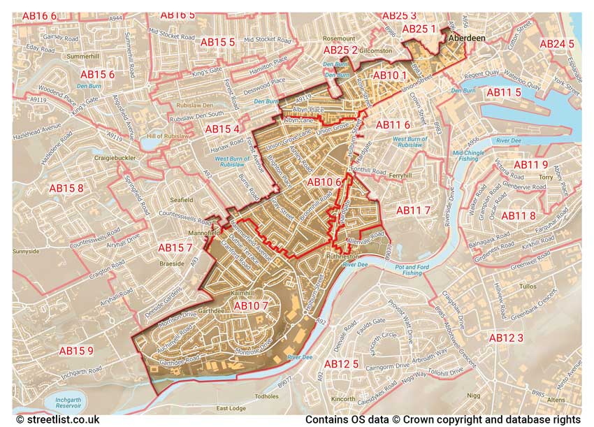 map showing postcode sectors within the AB10 district