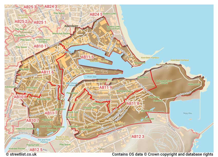 map showing postcode sectors within the AB11 district