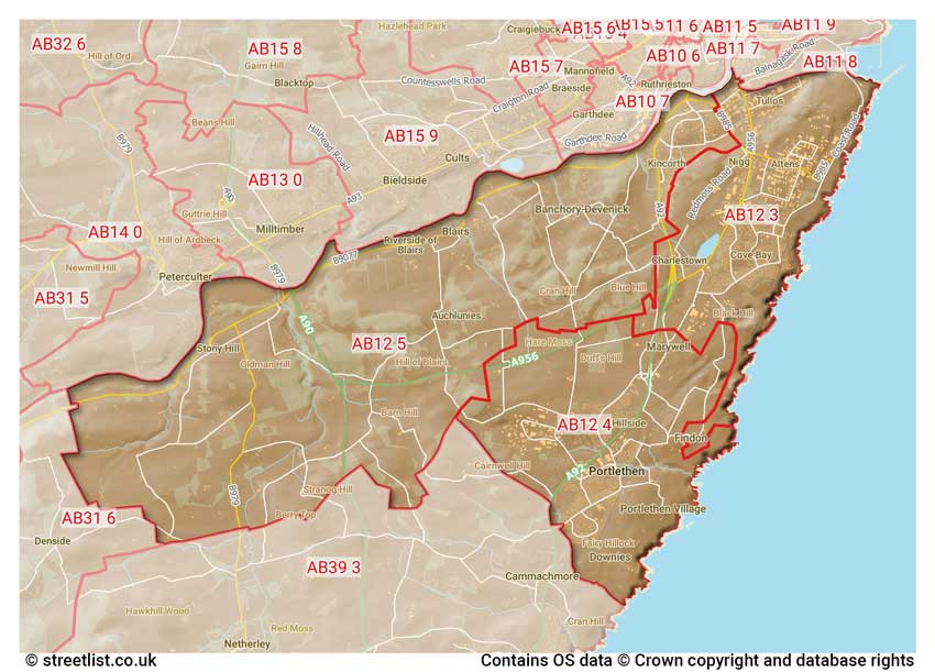 map showing postcode sectors within the AB12 district