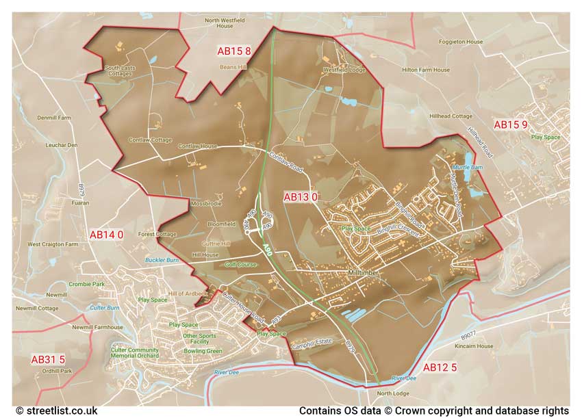 map showing postcode sectors within the AB13 district