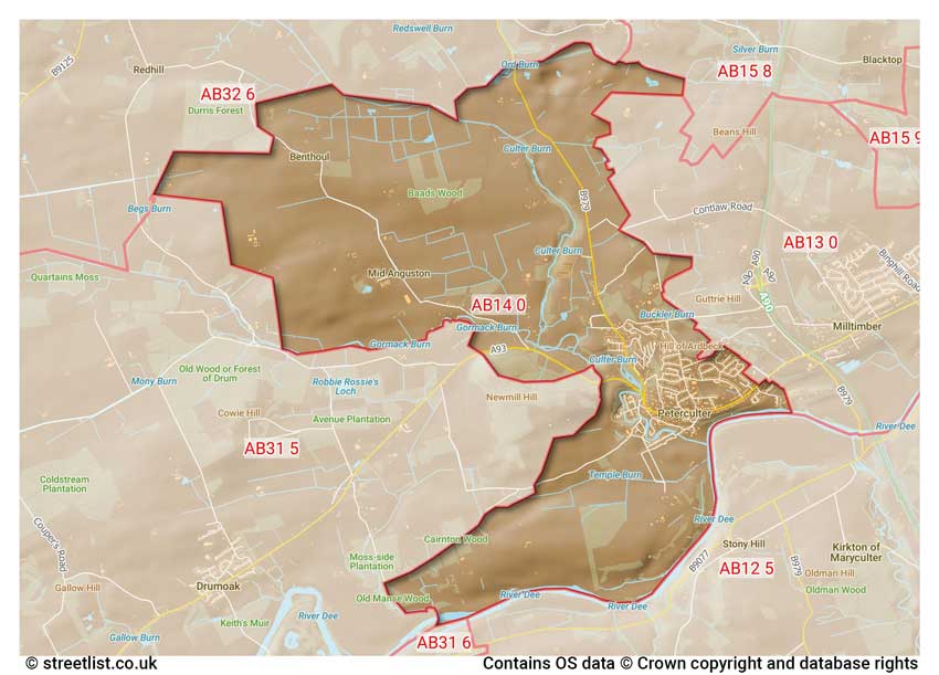 map showing postcode sectors within the AB14 district