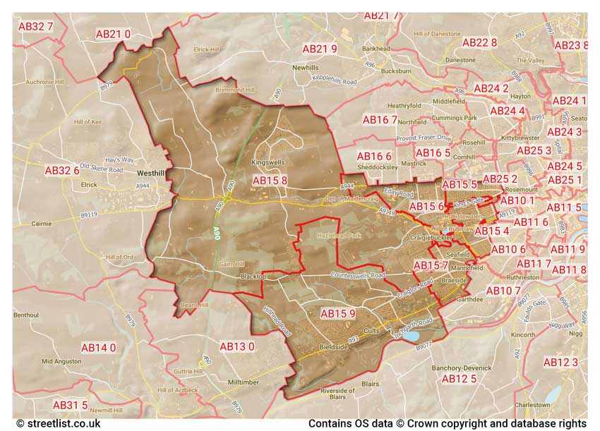 map showing postcode sectors within the AB15 district