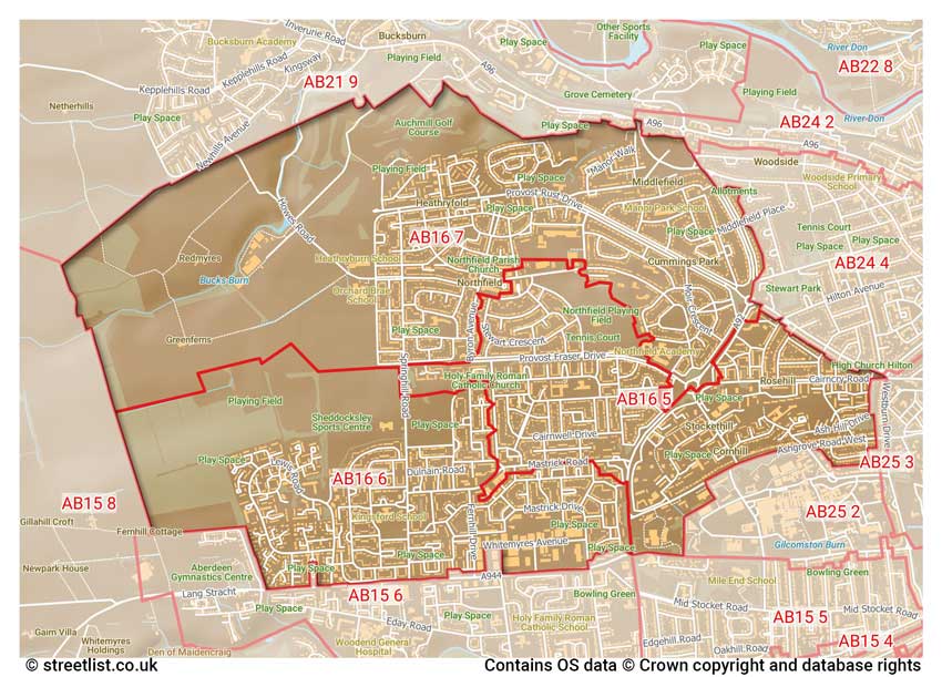 map showing postcode sectors within the AB16 district