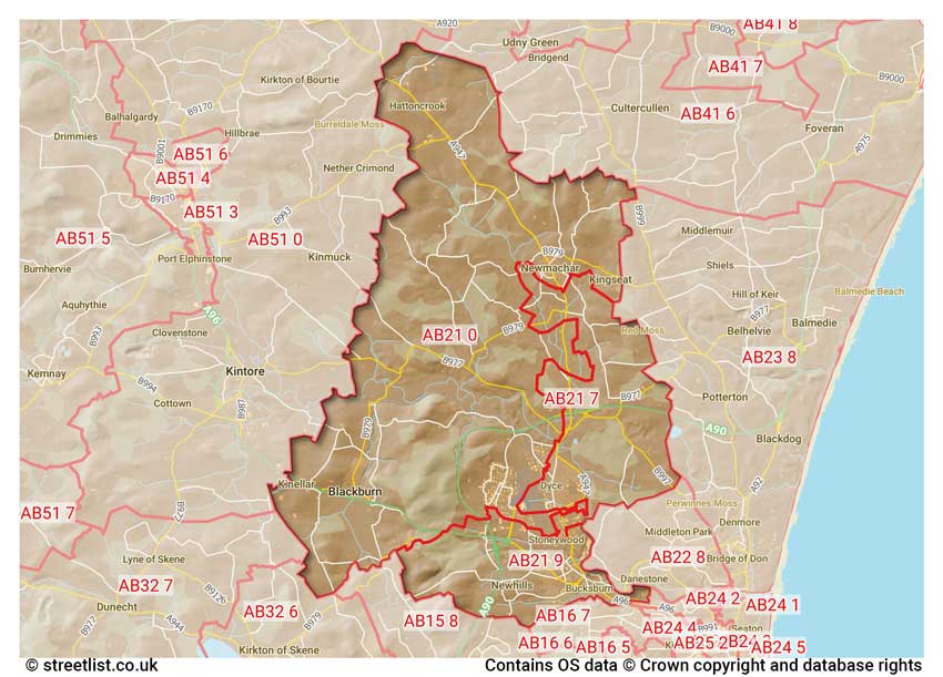 map showing postcode sectors within the AB21 district