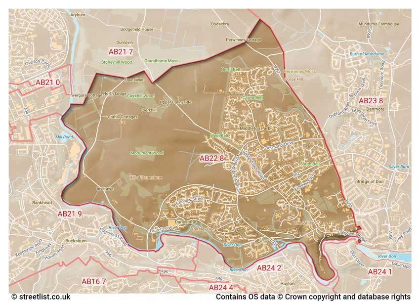 map showing postcode sectors within the AB22 district