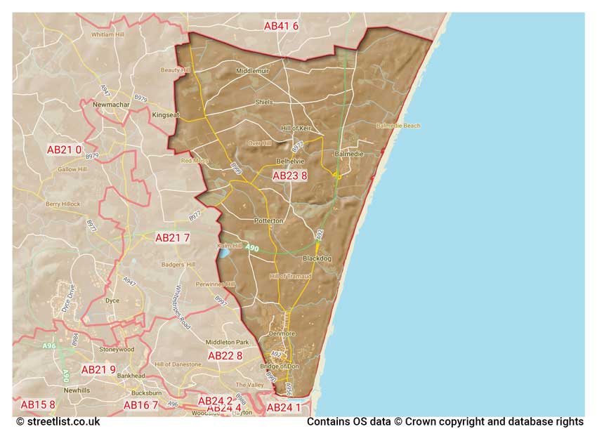 map showing postcode sectors within the AB23 district