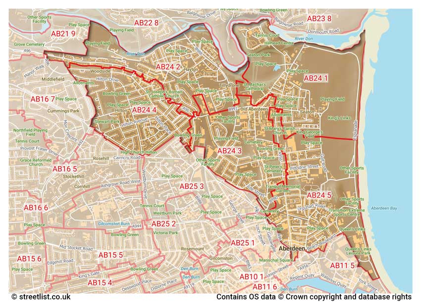 map showing postcode sectors within the AB24 district