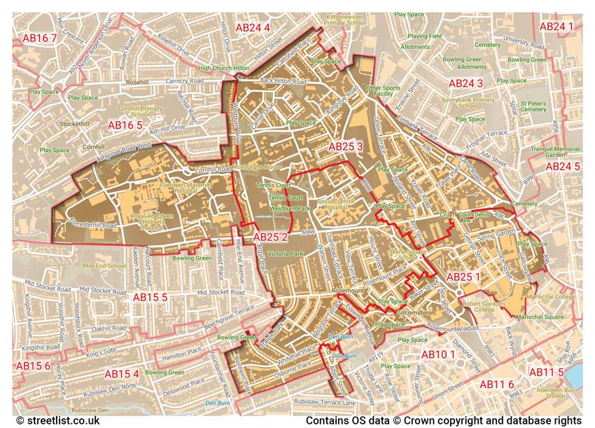 map showing postcode sectors within the AB25 district