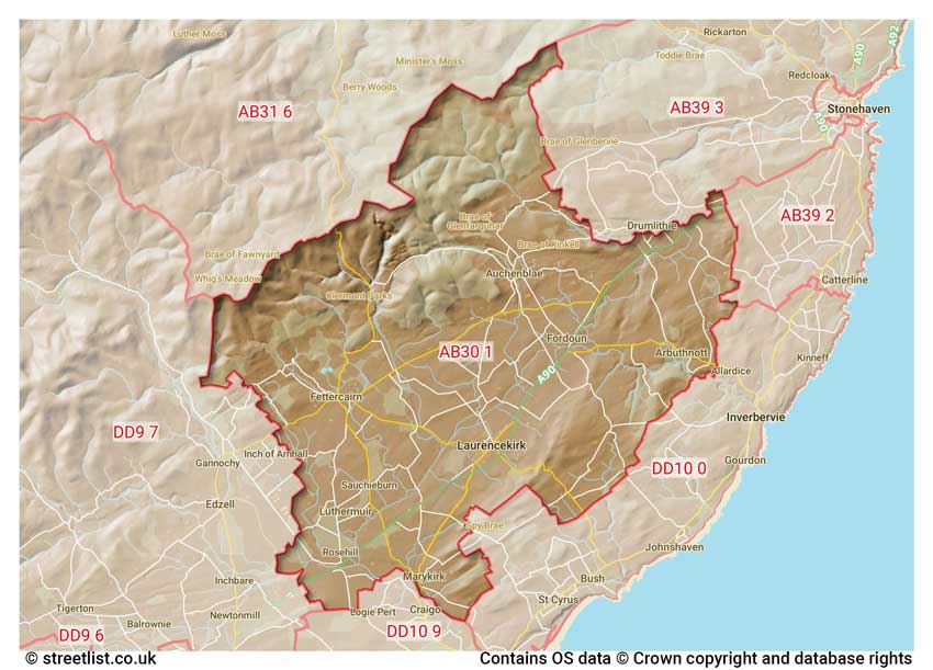 map showing postcode sectors within the AB30 district