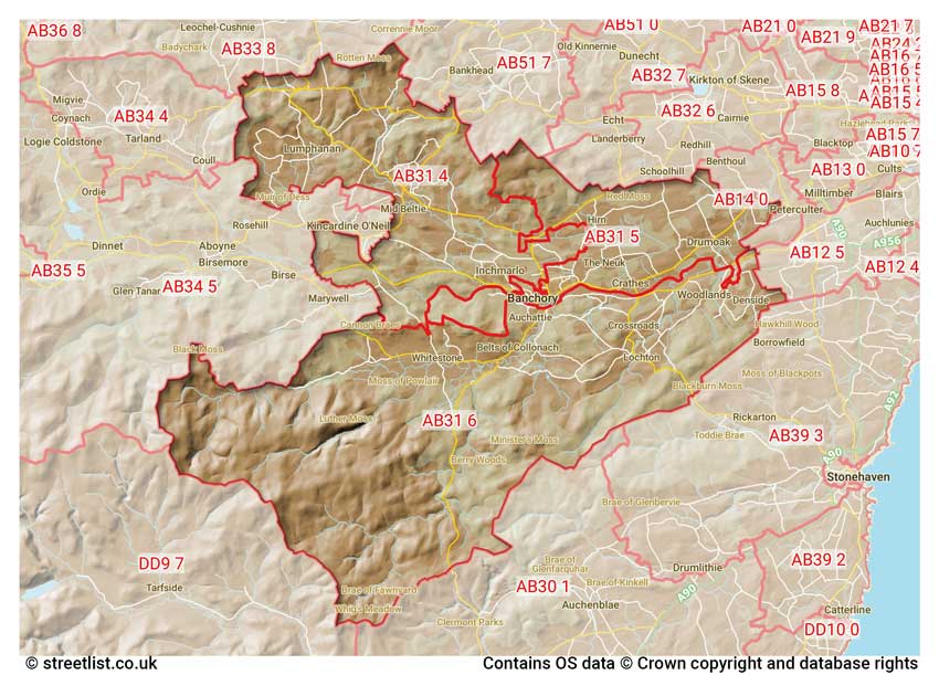 map showing postcode sectors within the AB31 district