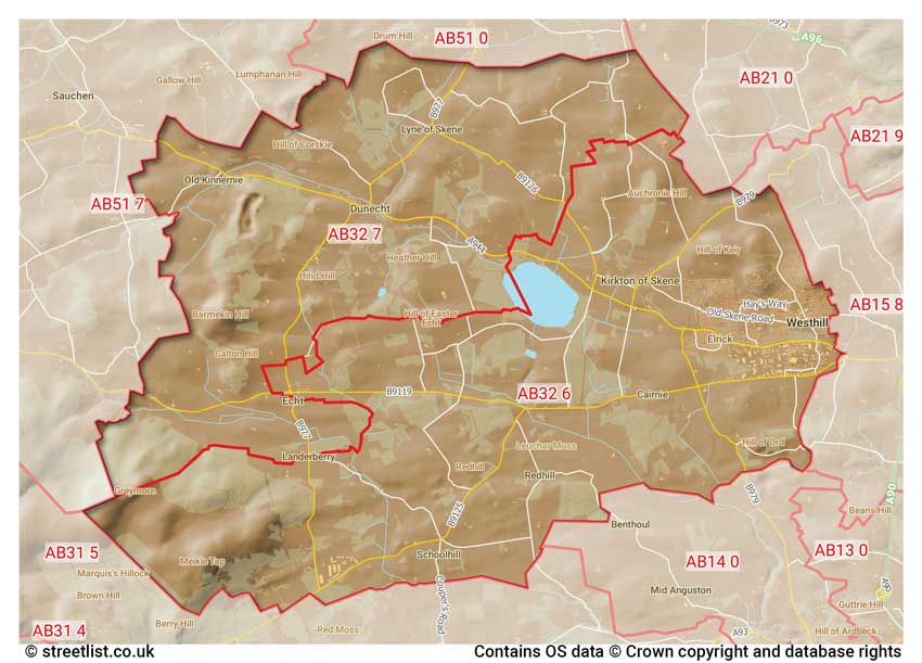 map showing postcode sectors within the AB32 district