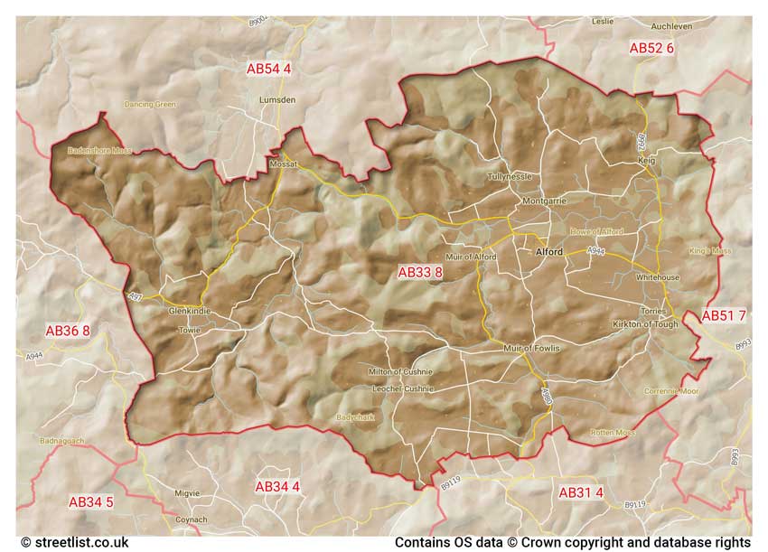 map showing postcode sectors within the AB33 district