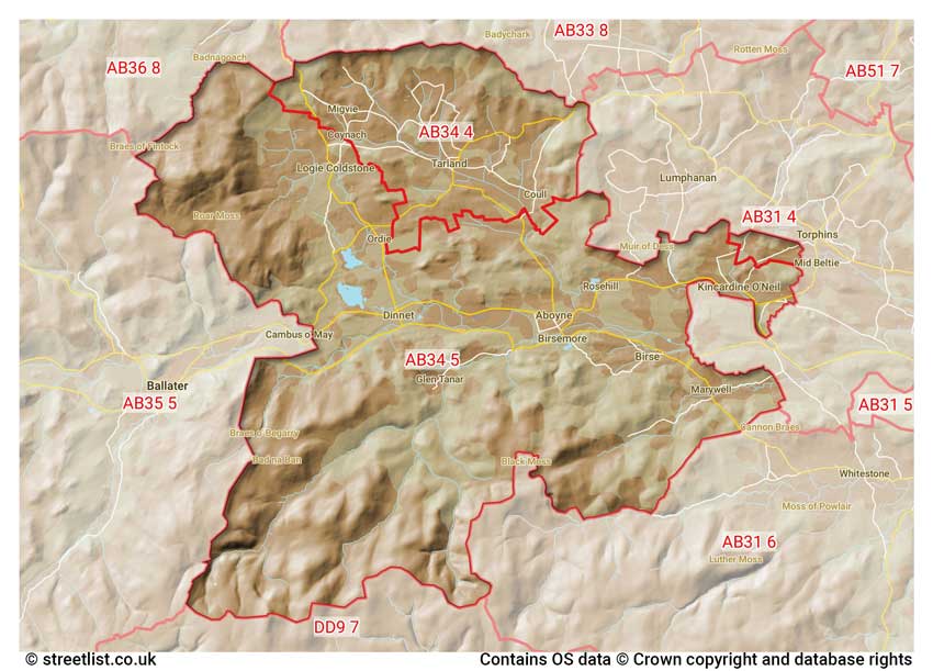 map showing postcode sectors within the AB34 district