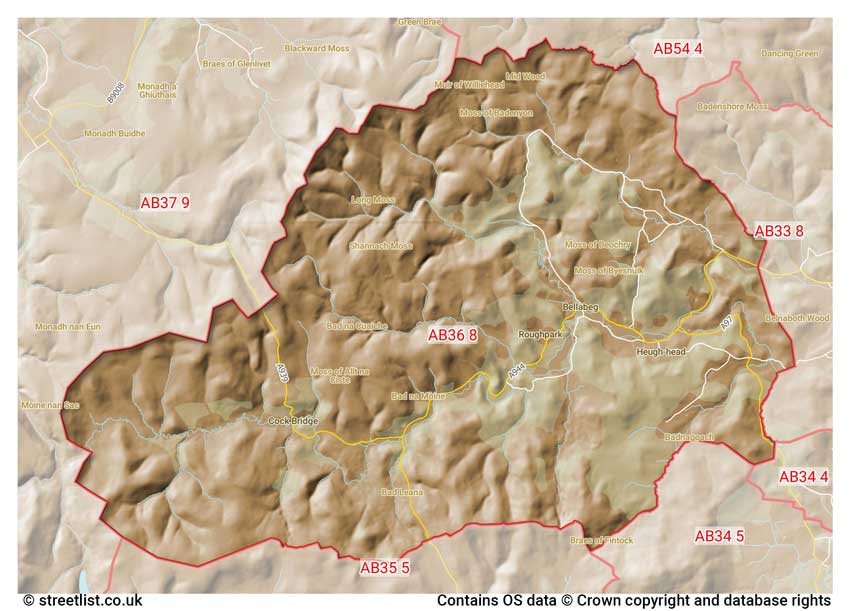 map showing postcode sectors within the AB36 district