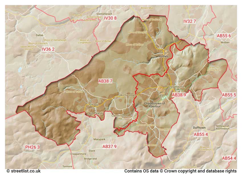 map showing postcode sectors within the AB38 district