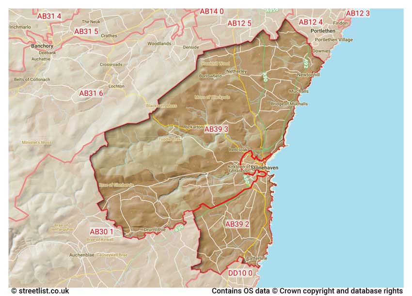 map showing postcode sectors within the AB39 district