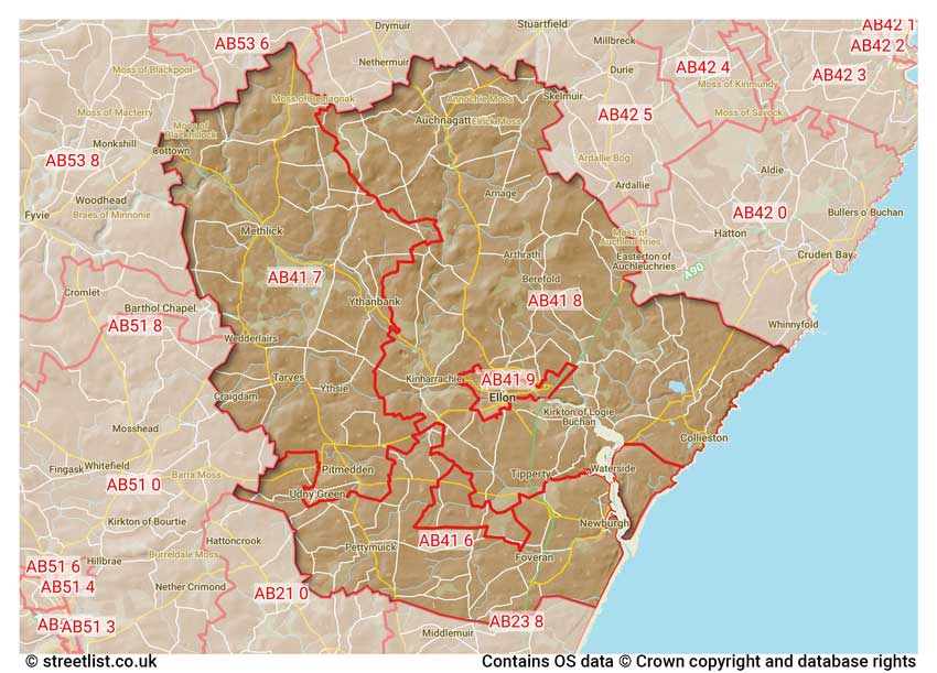 map showing postcode sectors within the AB41 district