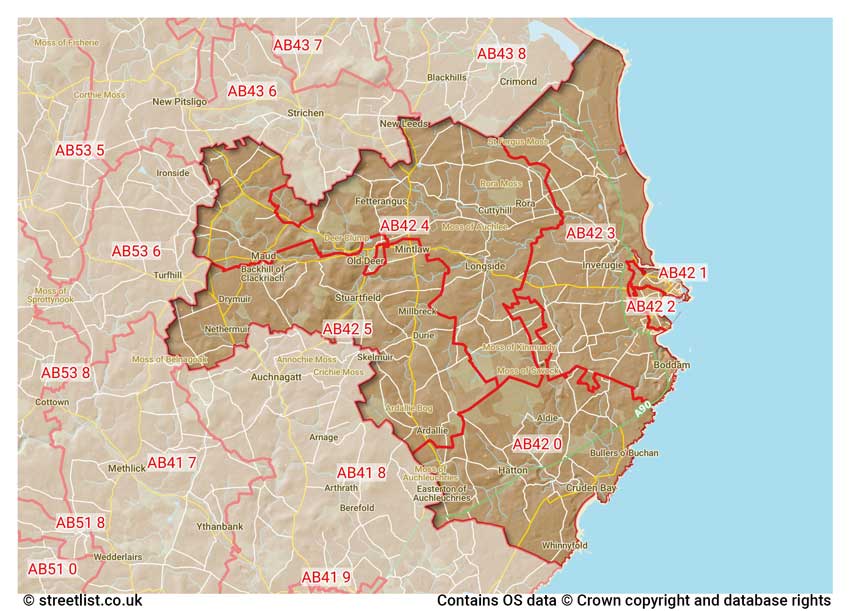 map showing postcode sectors within the AB42 district