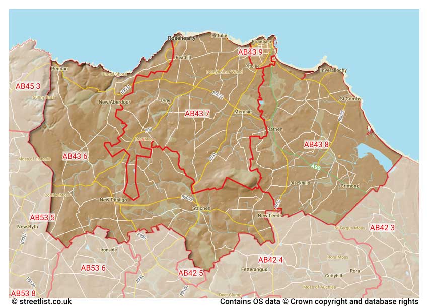 map showing postcode sectors within the AB43 district