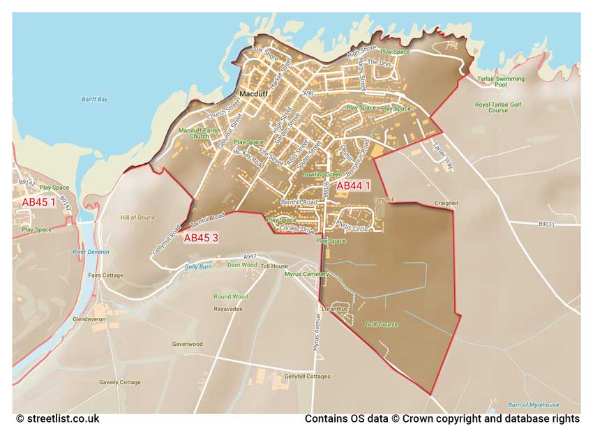 map showing postcode sectors within the AB44 district