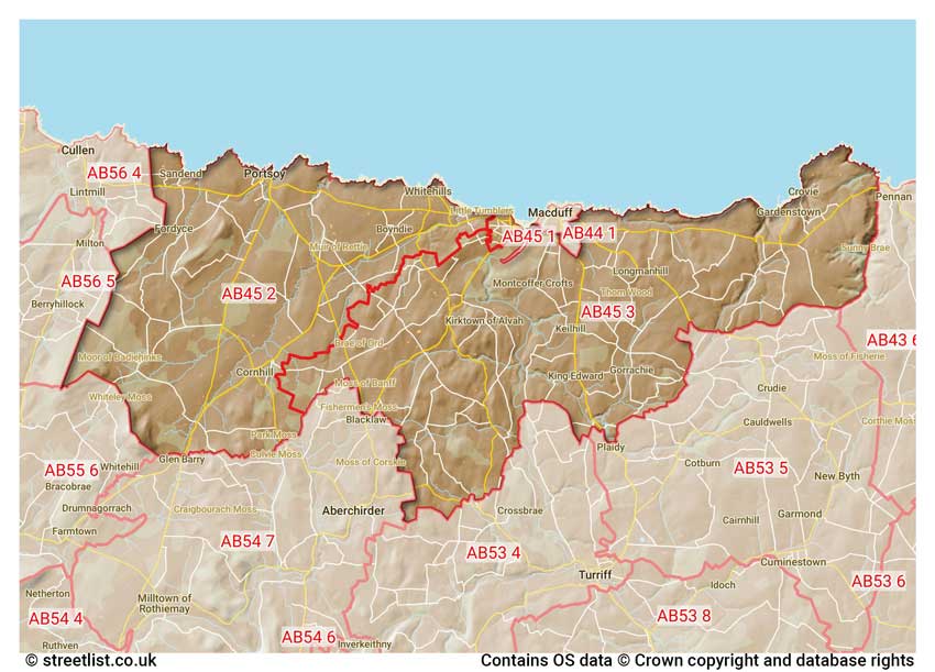 map showing postcode sectors within the AB45 district