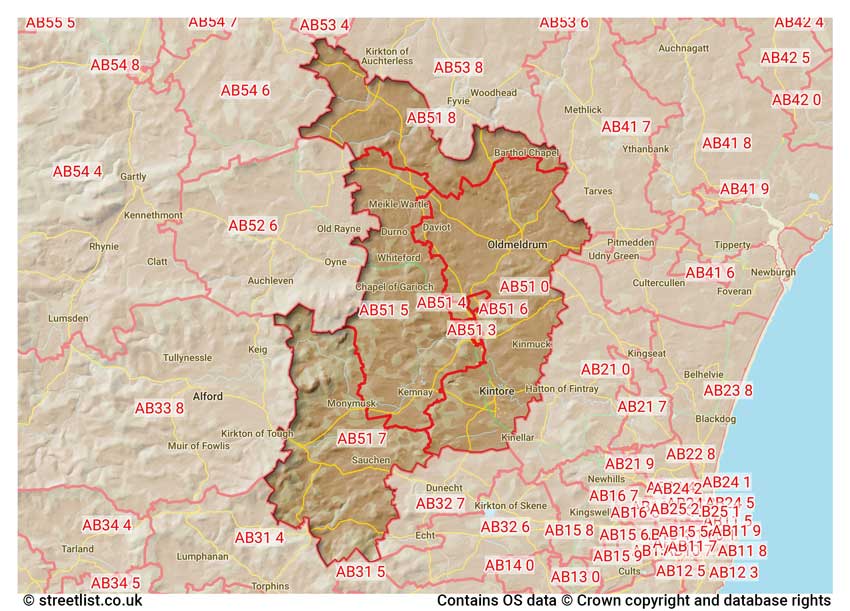 map showing postcode sectors within the AB51 district
