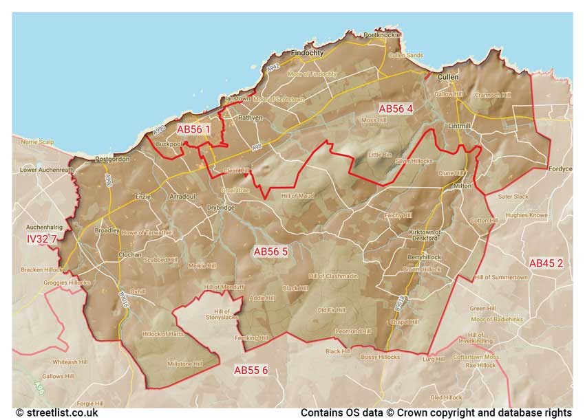 map showing postcode sectors within the AB56 district