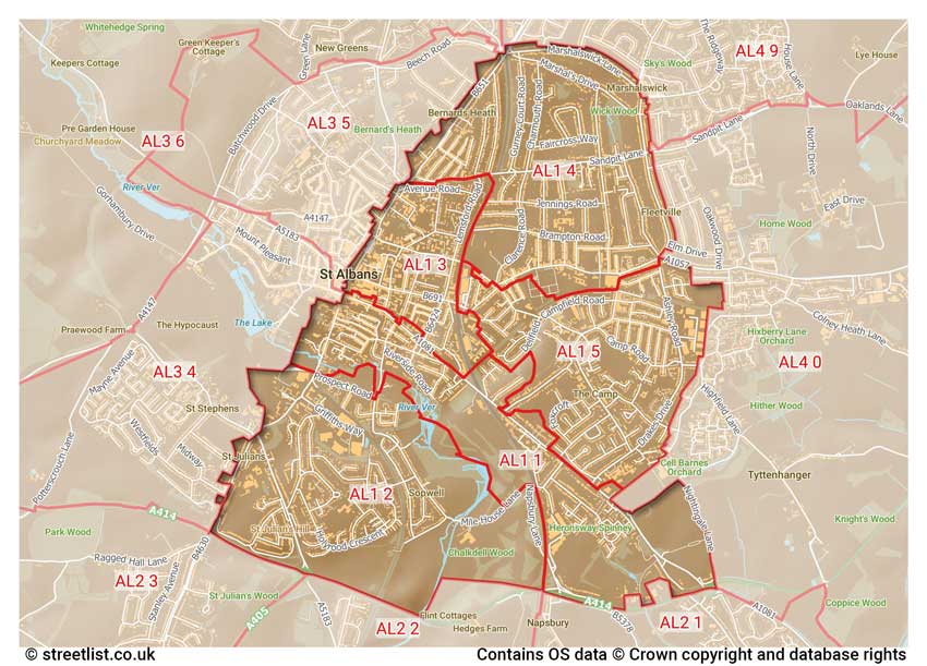 map showing postcode sectors within the AL1 district