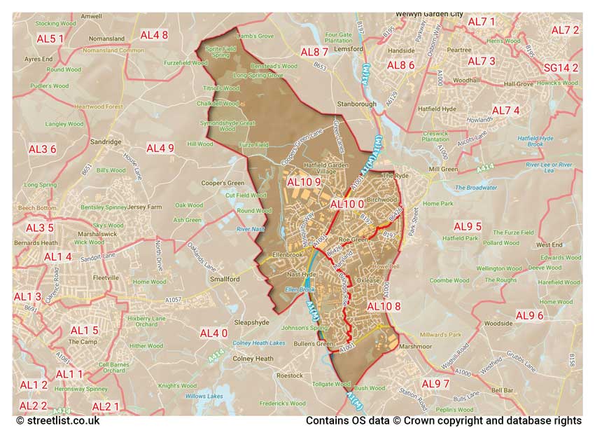 map showing postcode sectors within the AL10 district