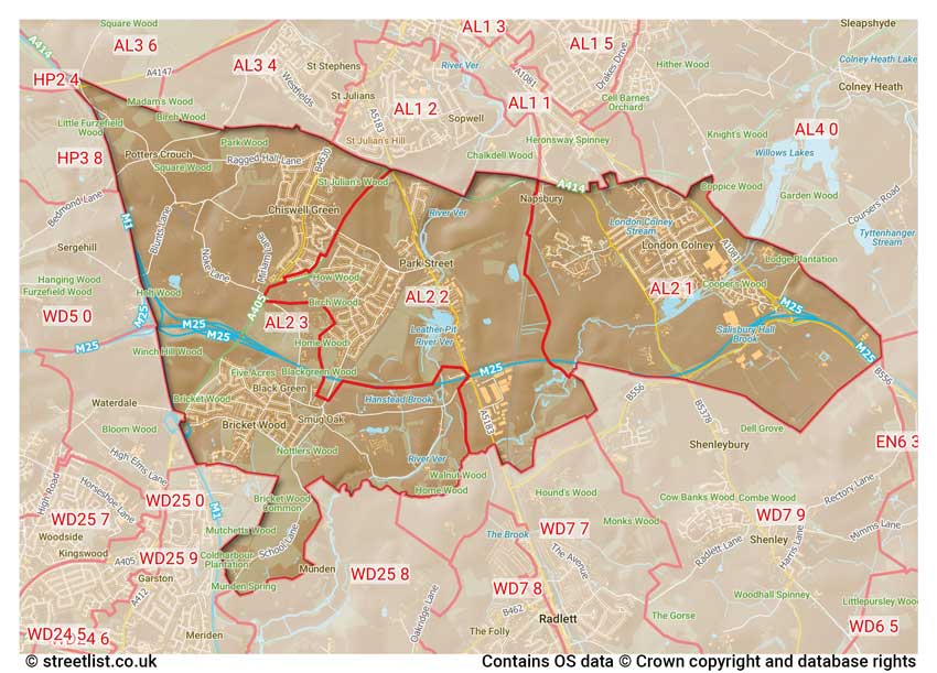 map showing postcode sectors within the AL2 district