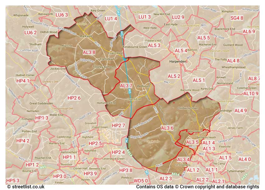 map showing postcode sectors within the AL3 district