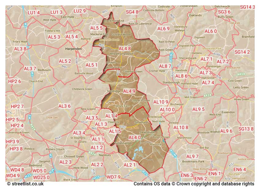 map showing postcode sectors within the AL4 district