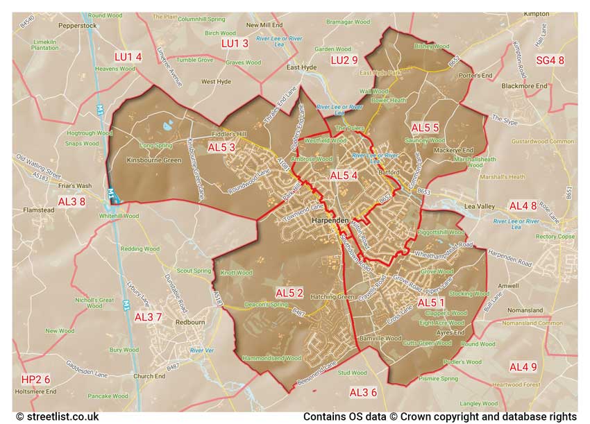 map showing postcode sectors within the AL5 district